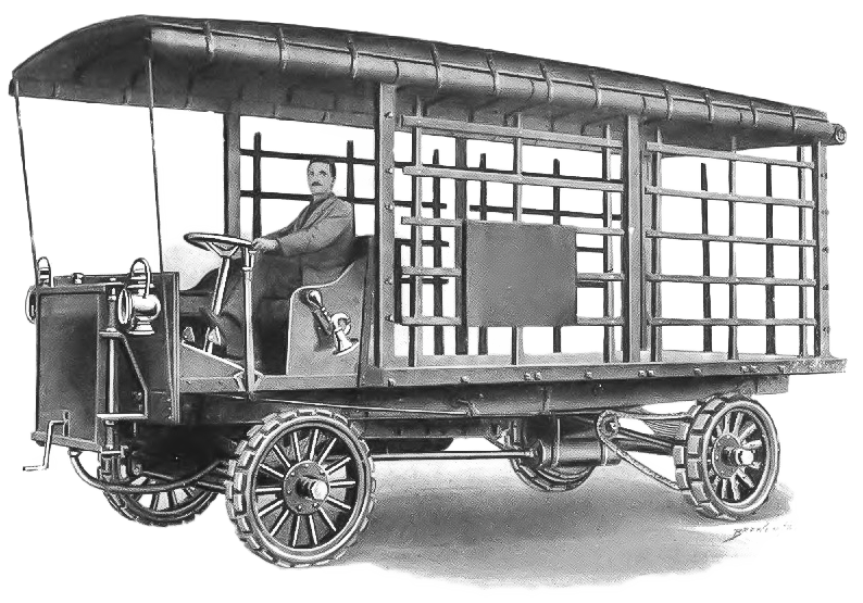 Black and white illustration of a 1909 Hewitt 4-Ton Truck